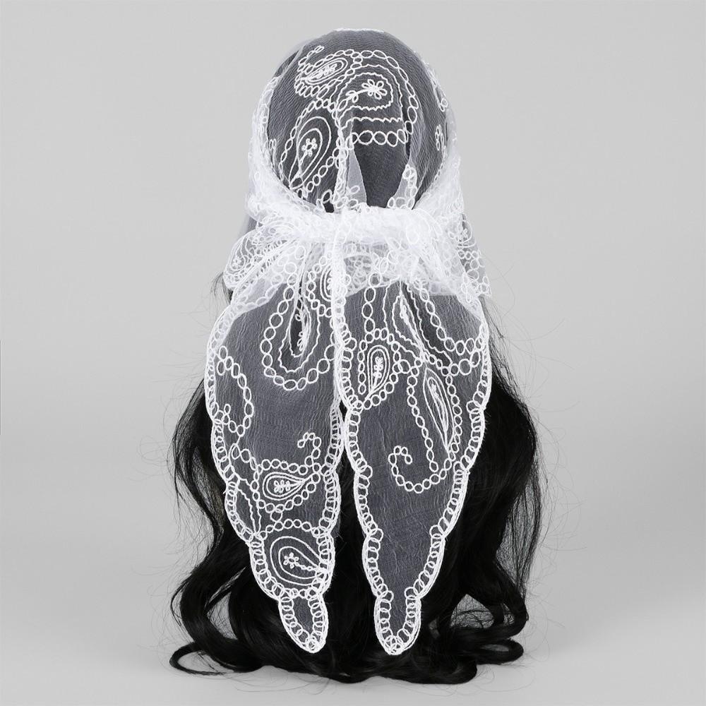 Solid Color Embroidery Shawl Thin Fabric Prayer Veil Vintage Hair Scarf  for Women