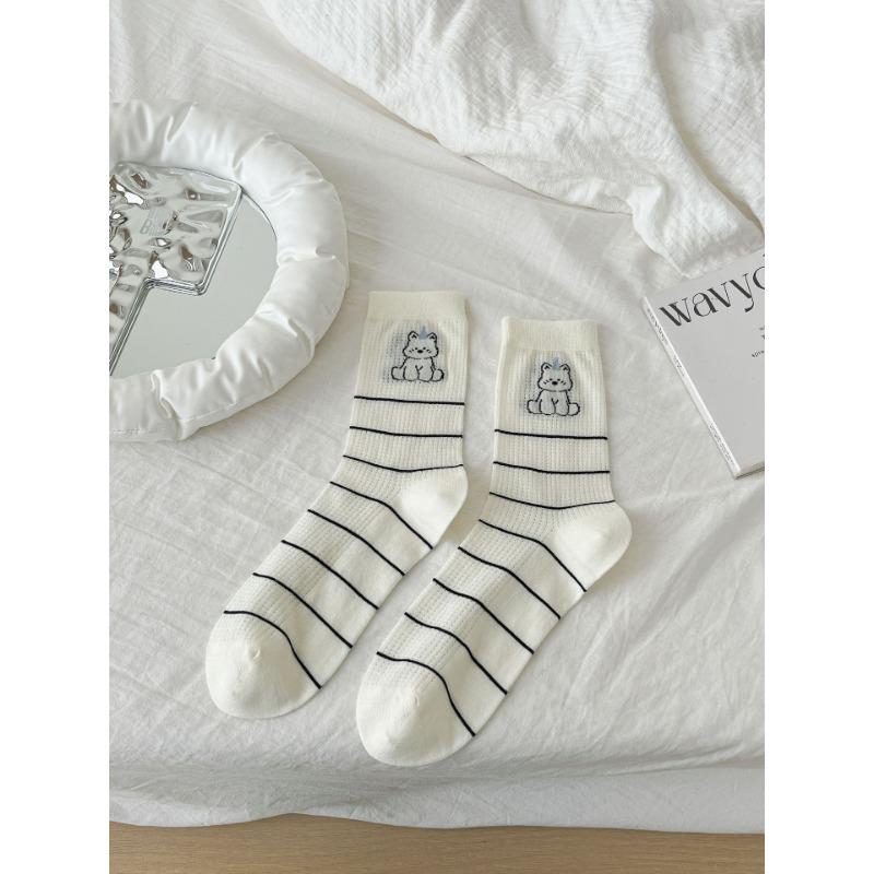 Cartoon Socks, Women's Mid-calf Socks, Trendy Early Autumn, Cute School Style, Bow, Puppy, Striped Long Socks