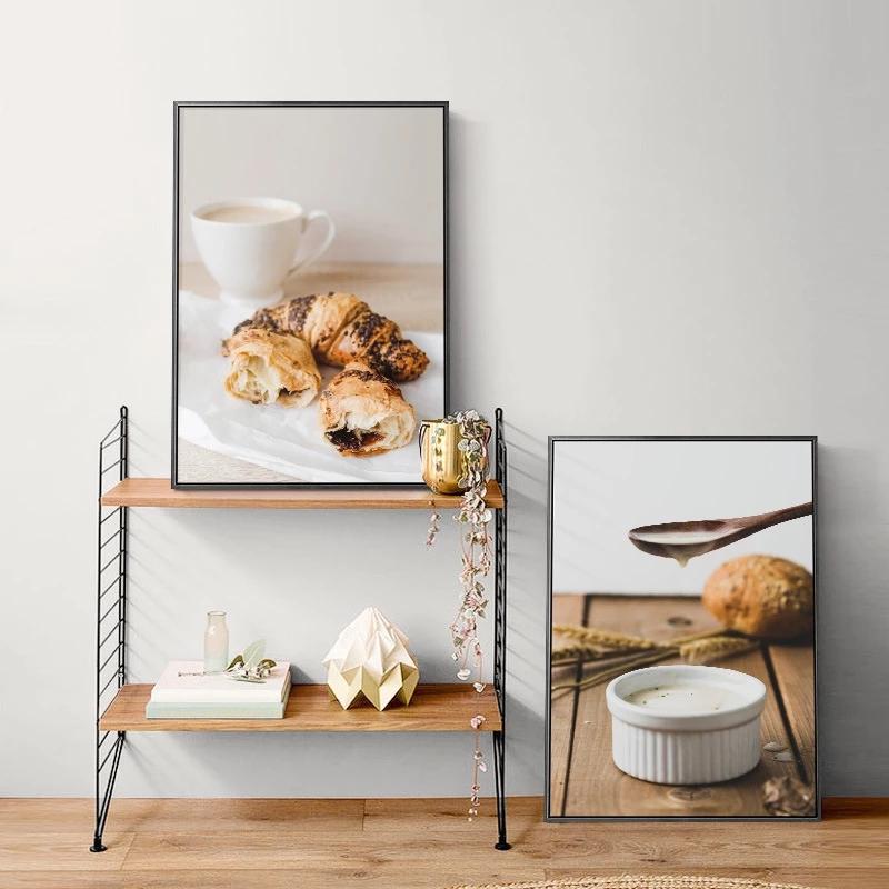 Affiche de nourriture de petit-déjeuner nordique café pain de blé myrtille gaufres peinture sur toile art mural modulaire photos décoration de cuisine