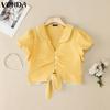 VONDA Women Lapel Collar Short Sleeve Twisted Lace Hem Casual Cropped Blouse