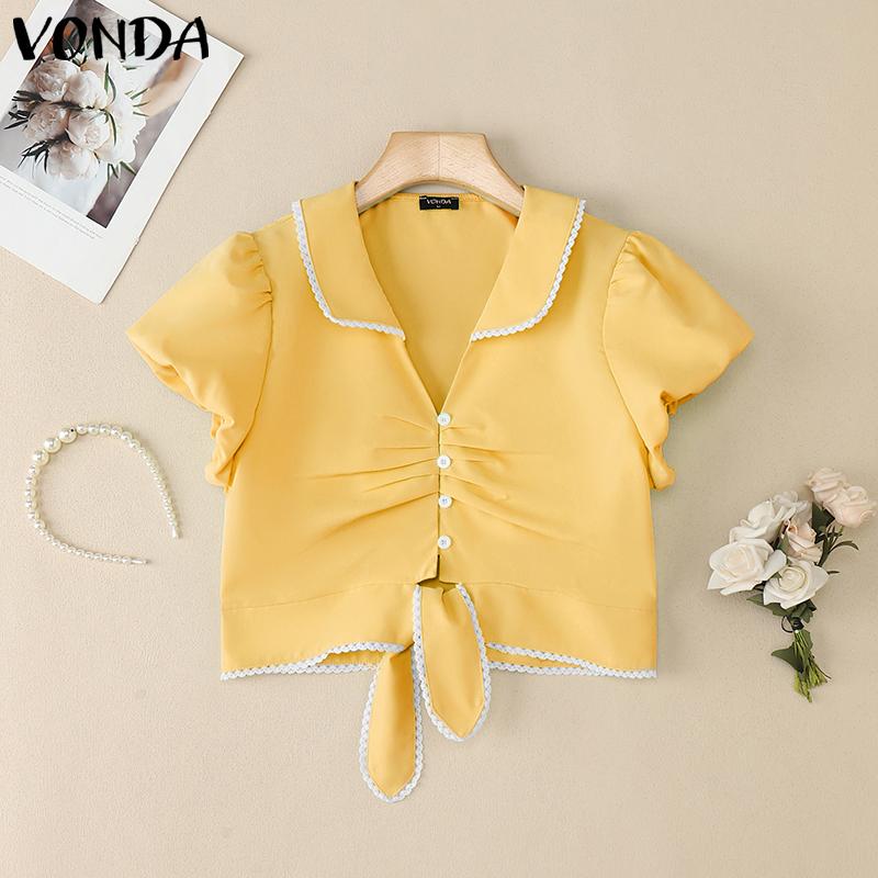 VONDA Women Lapel Collar Short Sleeve Twisted Lace Hem Casual Cropped Blouse