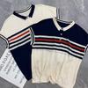 Women Clothing Summer Trendy Striped Polo Collar Ice Silk Knitted T-shirt Elegant Simple Casual Short Sleeve Loose Pullover Tops
