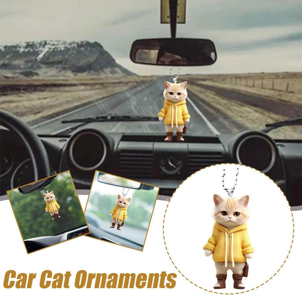 Fun Car Pendant Hanging Ornament with Chain Realistic Animal Cat-Shaped Rearview Mirror Hanging Decor Car Interior Accessories