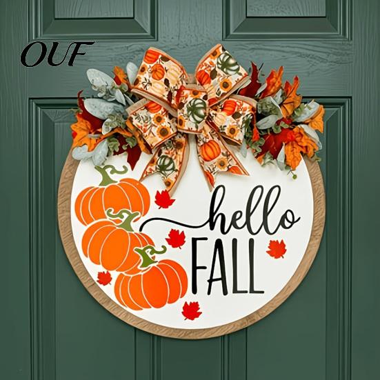 Decorative Hanging Pumpkin Hello Fall Door Hanger, Wooden Welcome Sign with Bow, Thanksgiving Party Supplies Rustic Autumn Wreath for Front