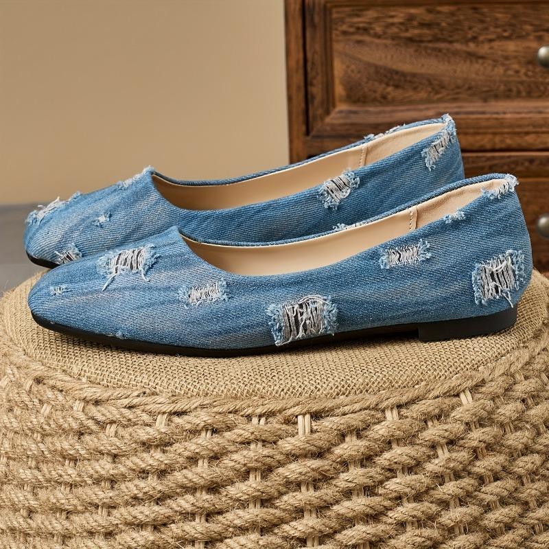 Women's Light Blue Slip-On Flats - Casual Square Toe Loafers with Ripped Detailing, Comfortable Rubber Sole Lightweight  Breathable Fabric for All-Day