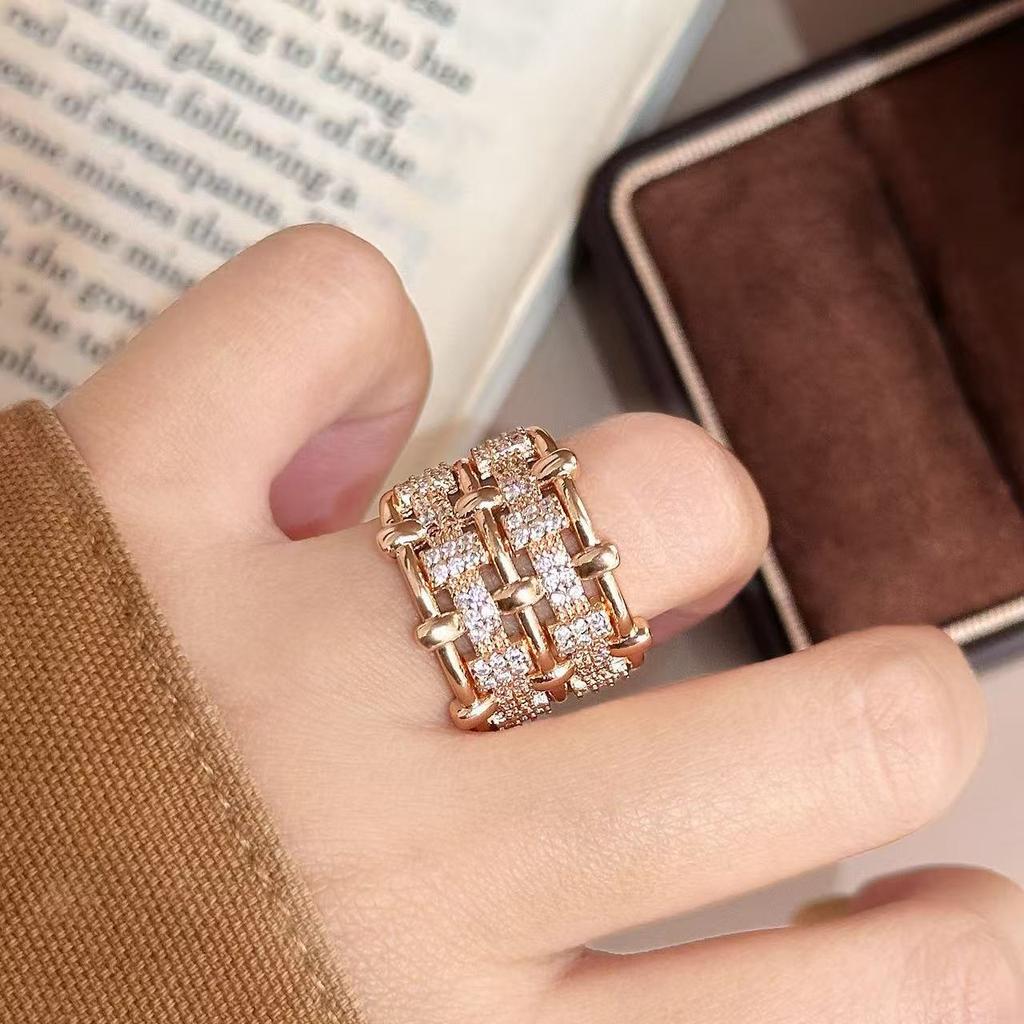 Hot Sale Copper Inlaid Zircon Multi-layer Geometric Ring Light Luxury Versatile Temperament INS Wind Ring