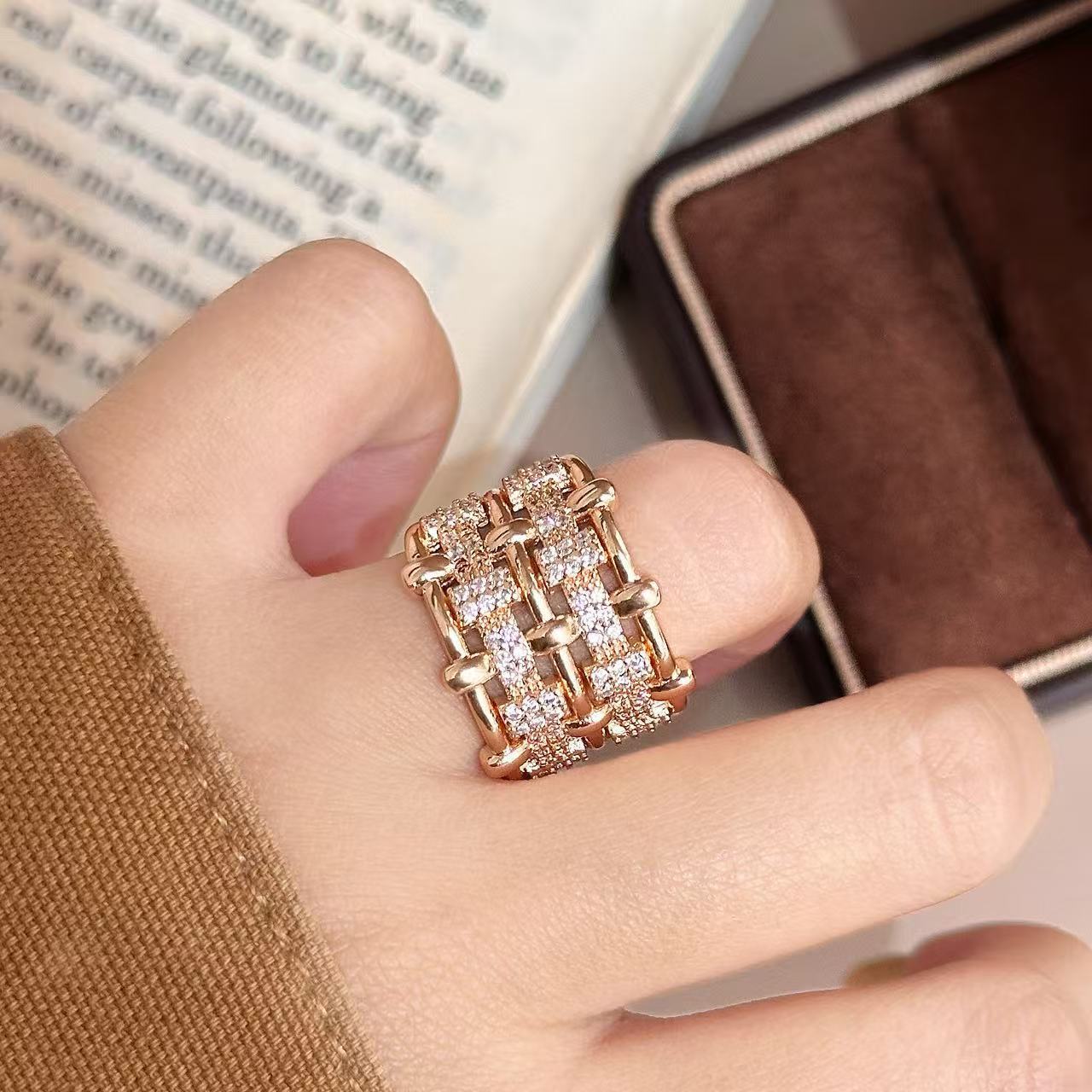 Hot Sale Copper Inlaid Zircon Multi-layer Geometric Ring Light Luxury Versatile Temperament INS Wind Ring