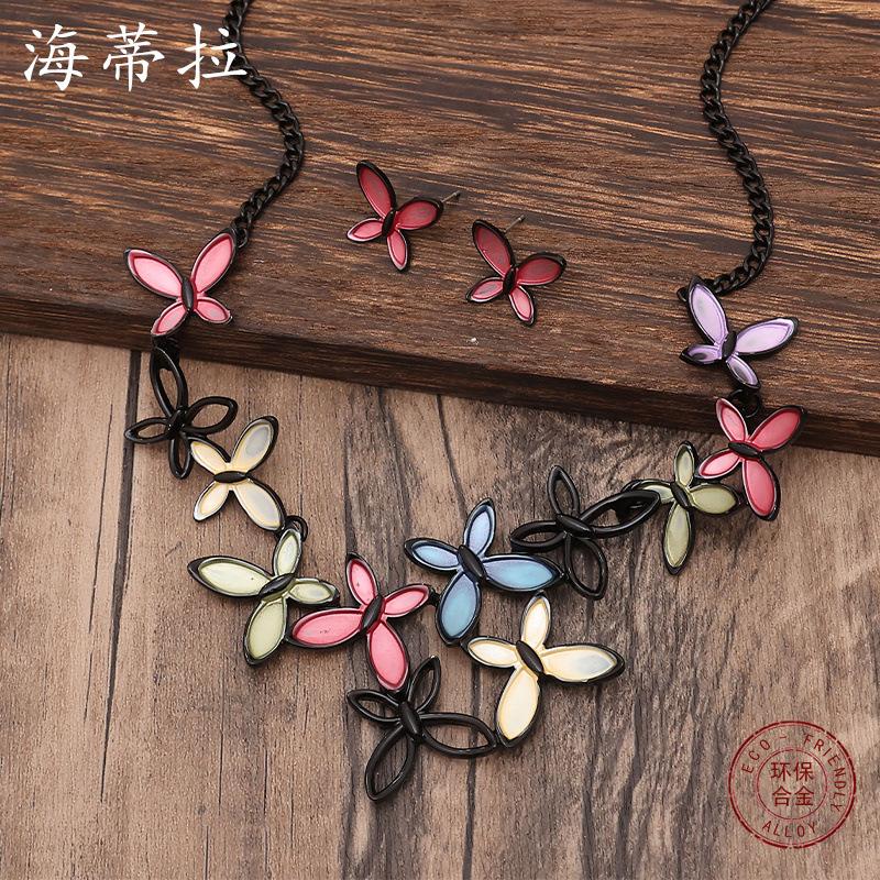 Color Painted Oil Butterfly Stud Earrings Necklace Set, Personalized Gun Black Butterfly Ladies Versatile Necklace