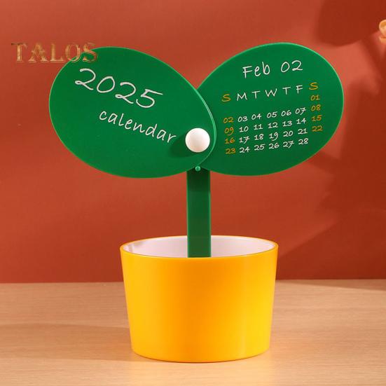 Pen Holder Desk Calendar 2025 Potted Plant Monthly Calendar with Pen Holder Base Tabletop Decoration for Home Office Organizer