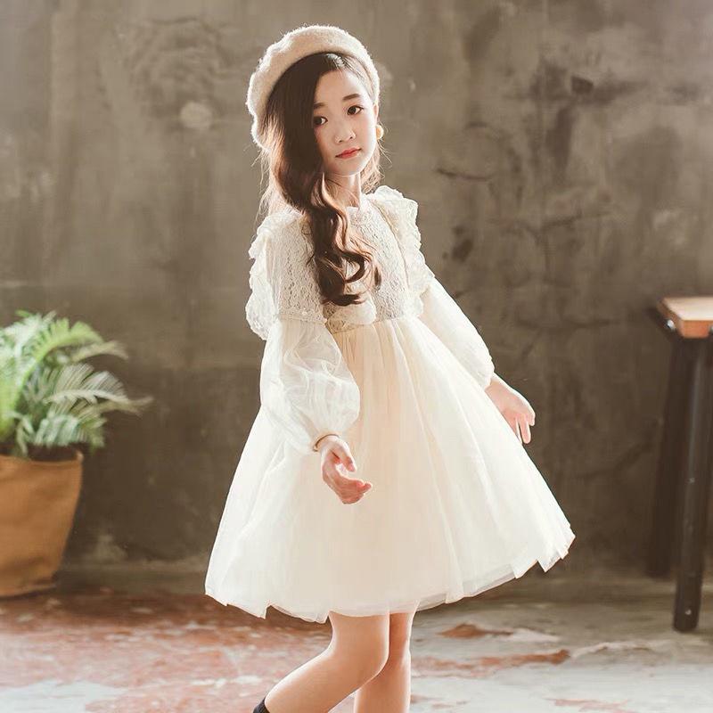 Korean Style Girls' Lace Princess Dress, Spring/Autumn 2024 - Long Sleeve, Puffy Tulle One-Piece