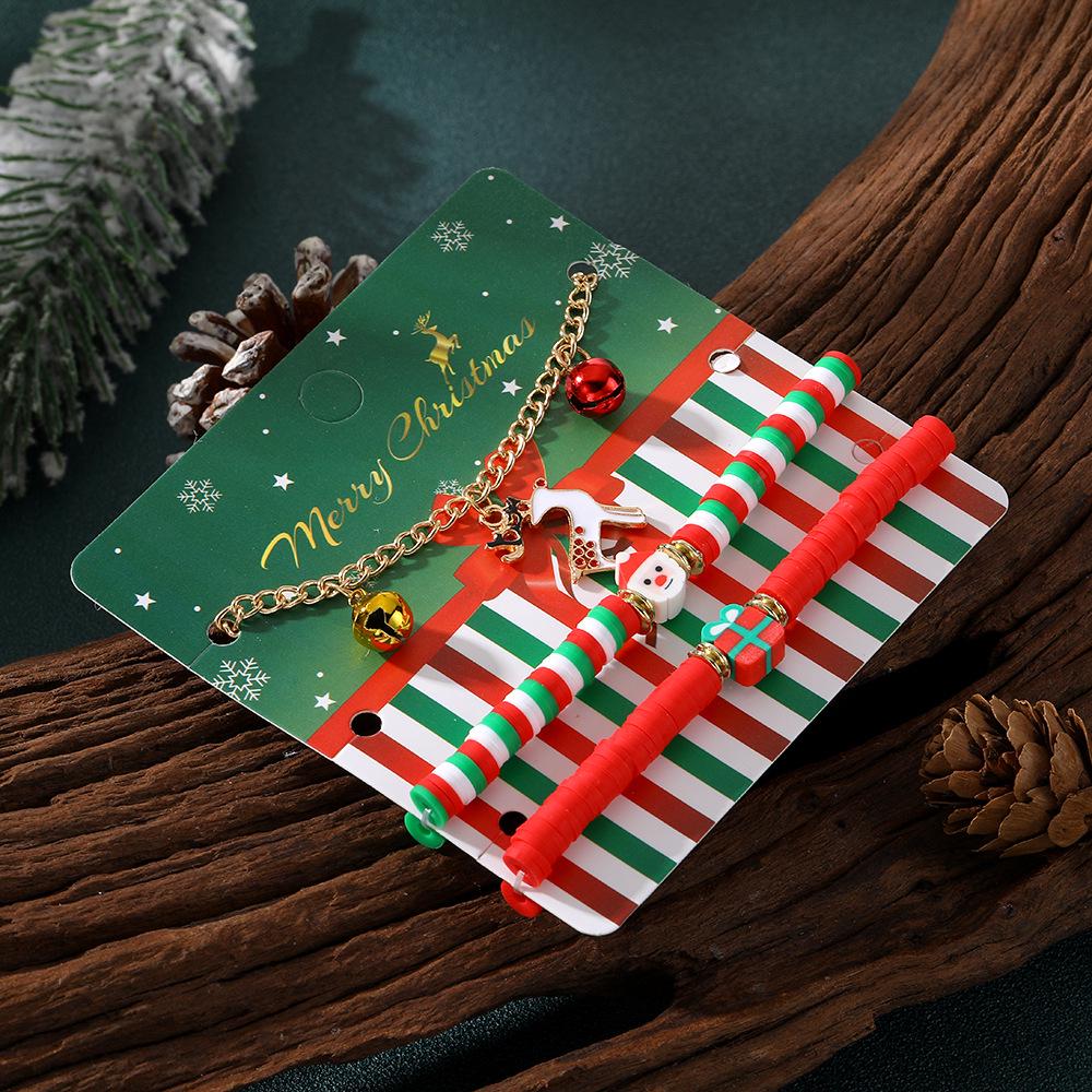 European & American Christmas Tree Clay Bracelet Set: 3-Piece Fashion with Reindeer & Snowflake Designs