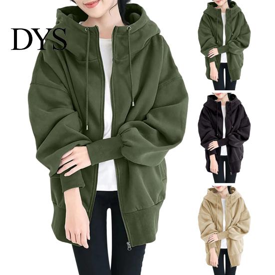 Loose Fit Women Jacket Thick Coat for Autumn Winter Warmth Solid Color Mid-Length Fleece Lightweight with Pockets Zipper Hooded Daily Wear Comfortable