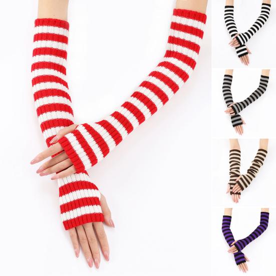 Women Striped Elbow Gloves Winter Knitted Arm Warmers Goth Punk Fingerless Gloves Stretchy Mittens with Thumb Hole for Daily Wear Cosplay
