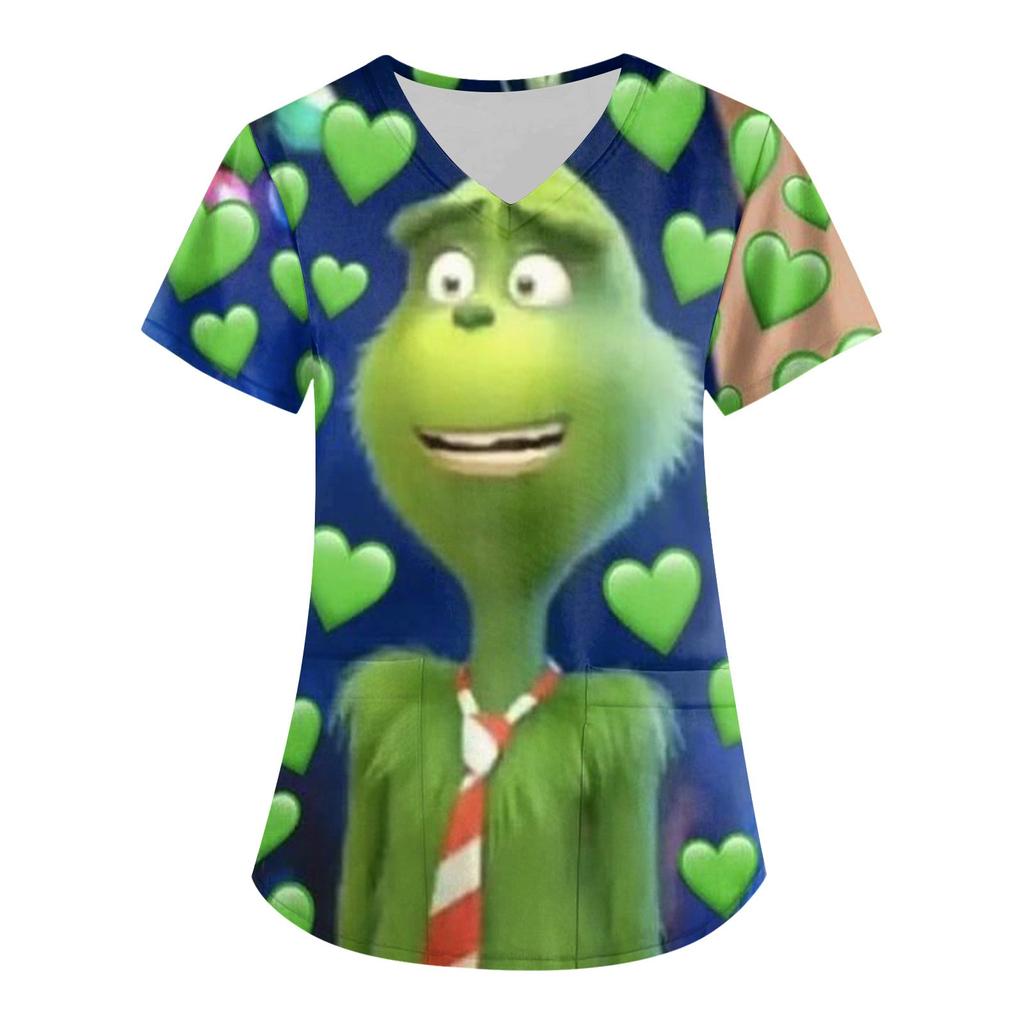 Moda Femenina Estampado Manga Corta Cuello en V Patrón Tops Bolsillo Camisetas de Trabajo