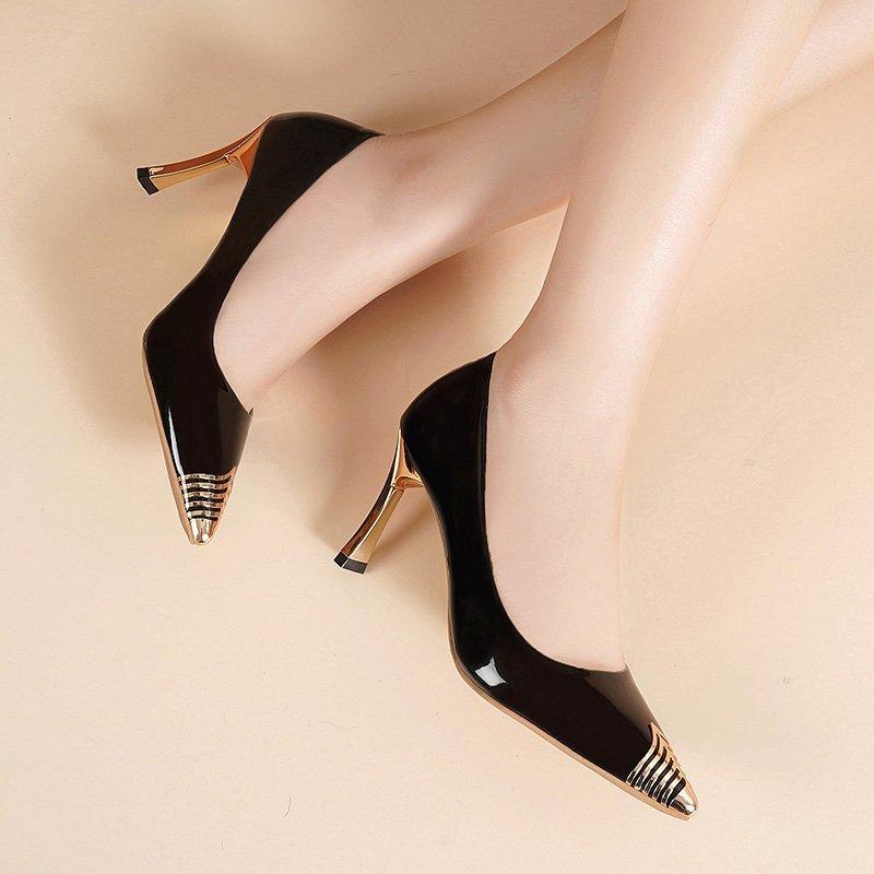 

Women s red high heels 2025 autumn new leather shoes black stiletto metal pointed temperament women s shoes fashion shoes 34 чёрный