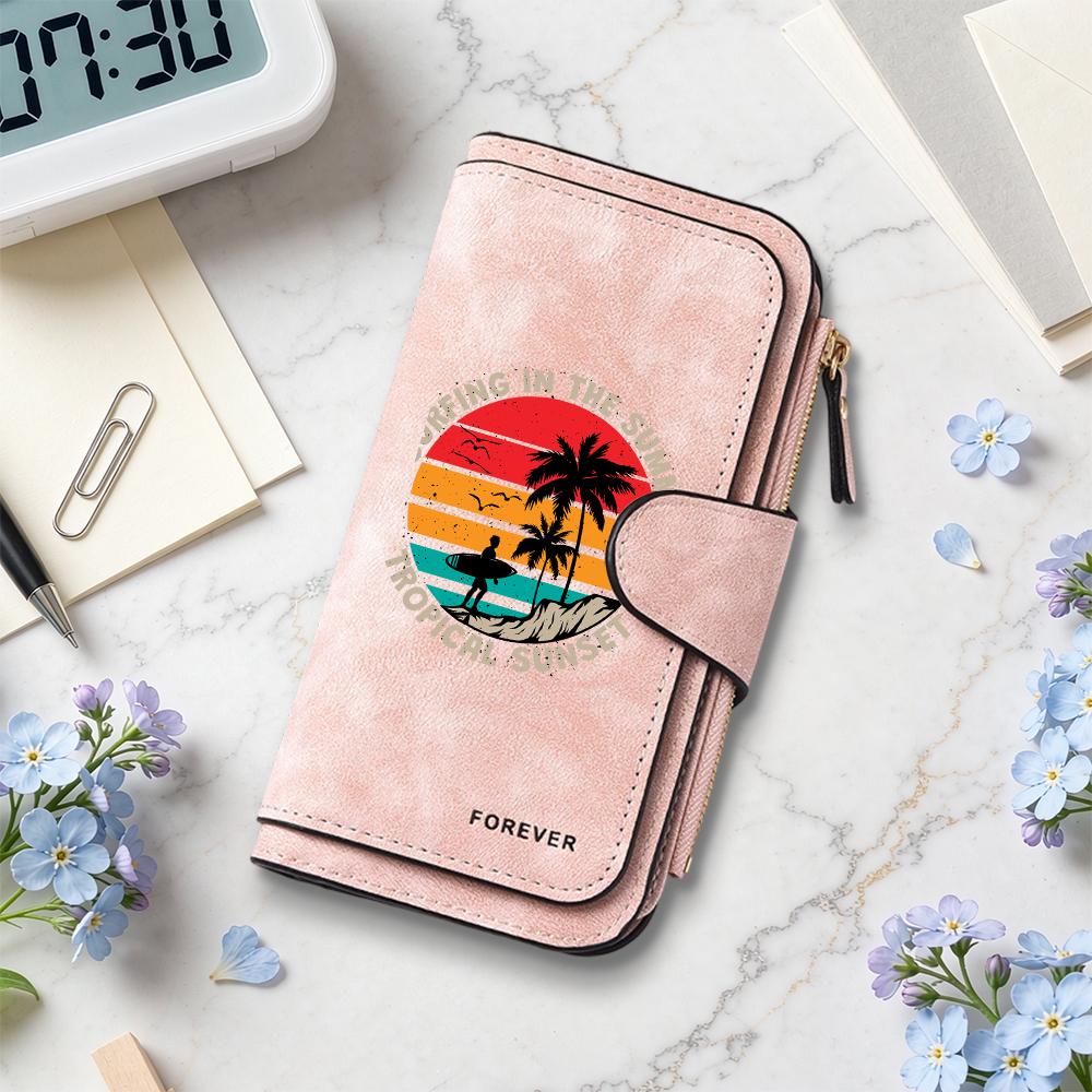Vintage Surf Print Long Wallet Multi Card Slot Daily Casual Purse For Tropical Summer