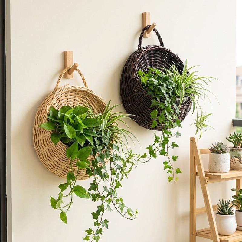Ręcznie pleciony rattanowy wiszący na ścianę kosz na rośliny z solidnym uchwytem w stylu boho do zawieszenia rośliny w doniczce Dekoracja ściany w salonie