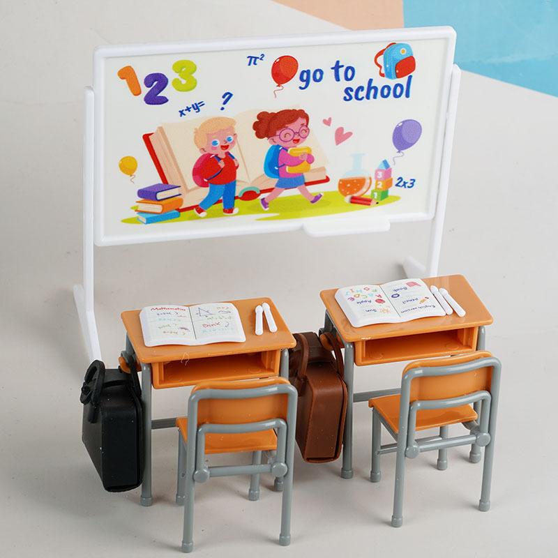 

Dollhouse Classroom Accessories Miniature School Desk Chalkboard Chair Schoolbags Model For Mini House School Furniture Decor