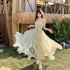 Französisches Schönes Grünes Netz-Tube-Top Trägerkleid Damen Großes Schwingendes Langes Kleid Fee Meeresufer Urlaubs-Kleid