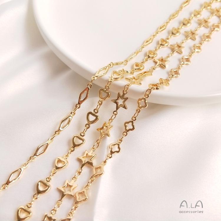 14K Gold Korean Handmade Copper Chain Bag with Star, Heart, Rhombus, and Four-Leaf Clover Charms for DIY Jewelry.