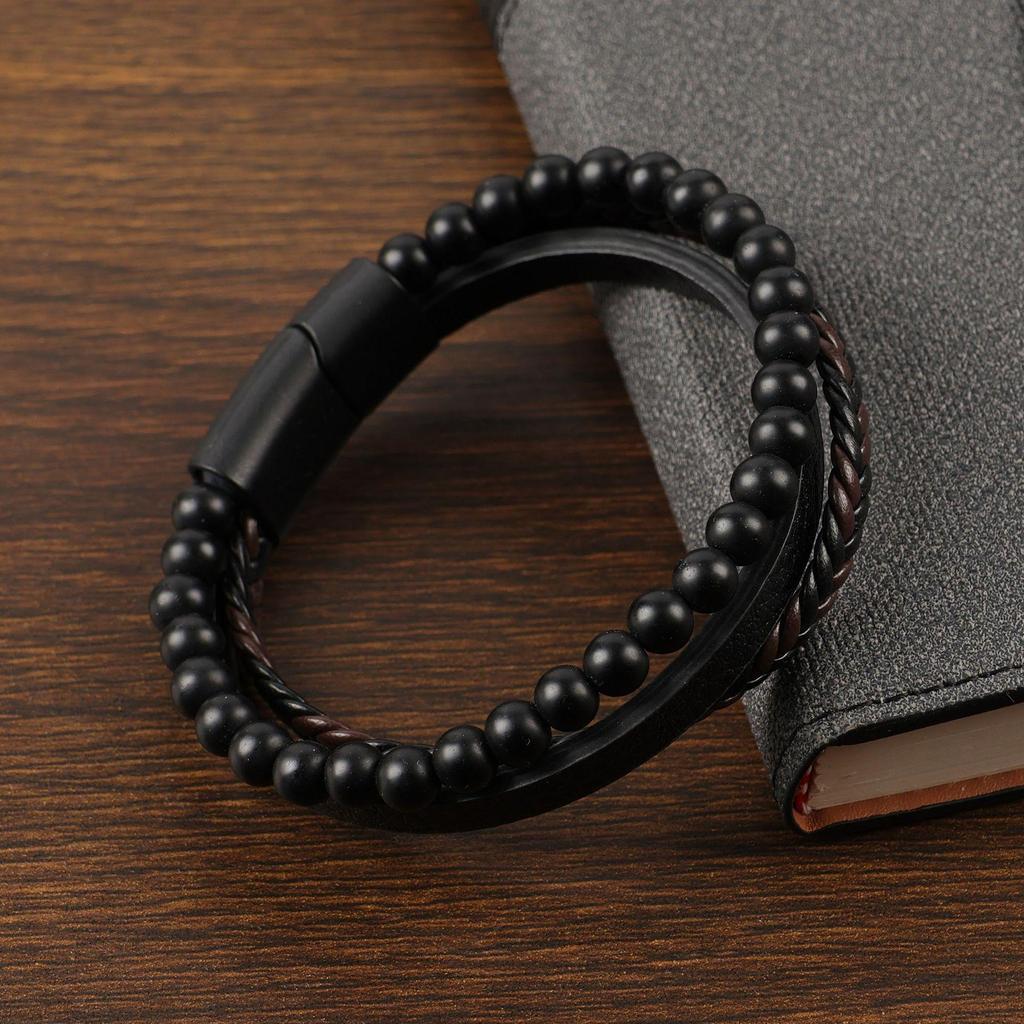 Herren Trendy Mehrschichtiges Leder & Vulkanstein Armband