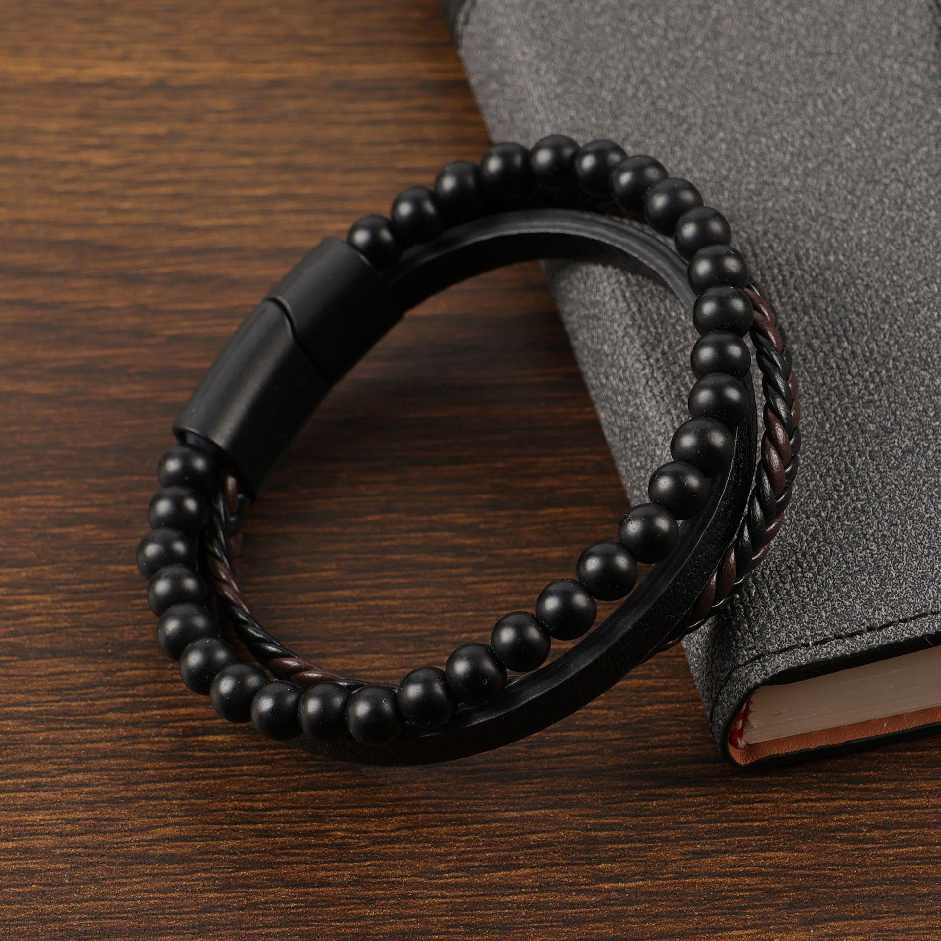 Мужской модный многослойный браслет из кожи и вулканического камня как