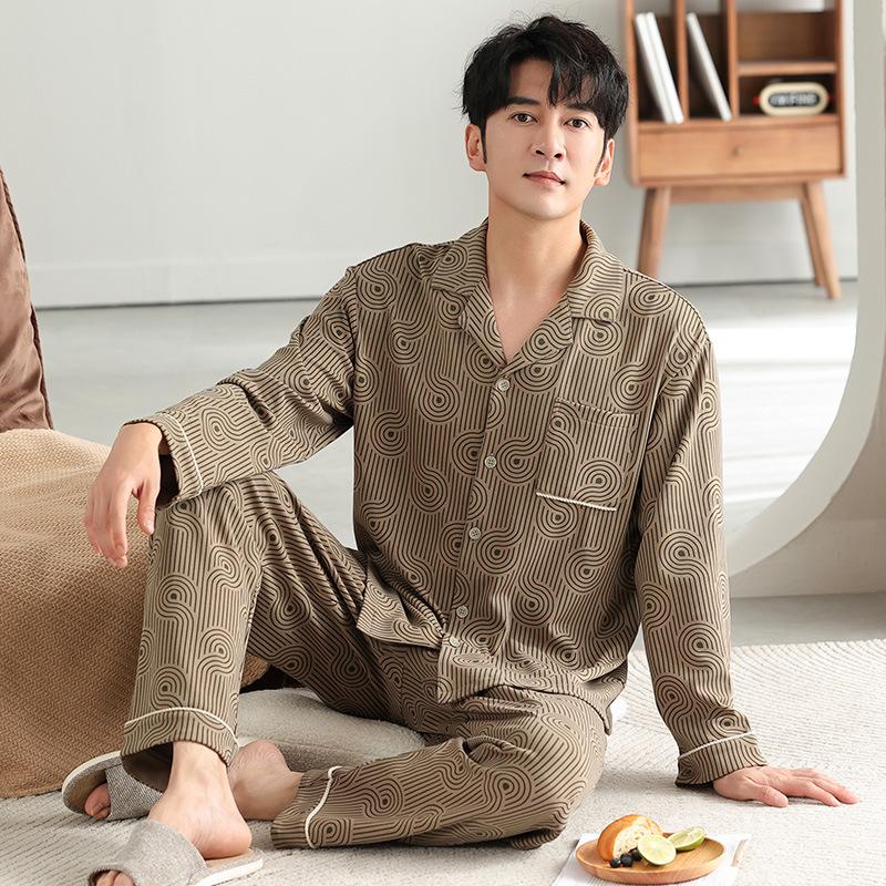 Pure Cotton Pajamas Men'S Spring And Autumn Long-Sleeved Loungewear Autumn And Winter Thin Large-Size Suit