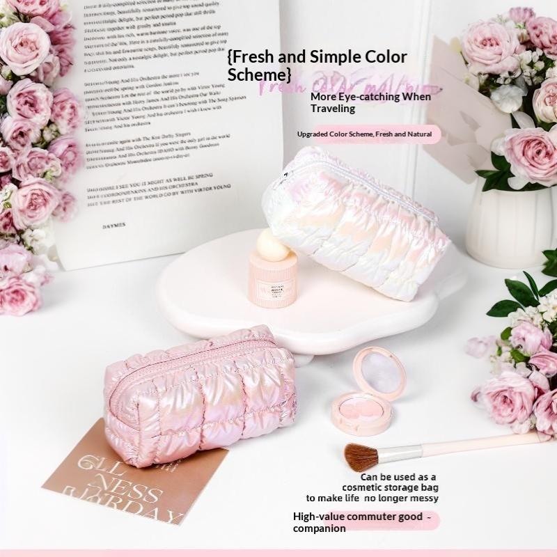 Iridescent Pink Puffy Makeup Bag With Bubble Grid Design Large Capacity For Travel Daily Cosmetic Storage