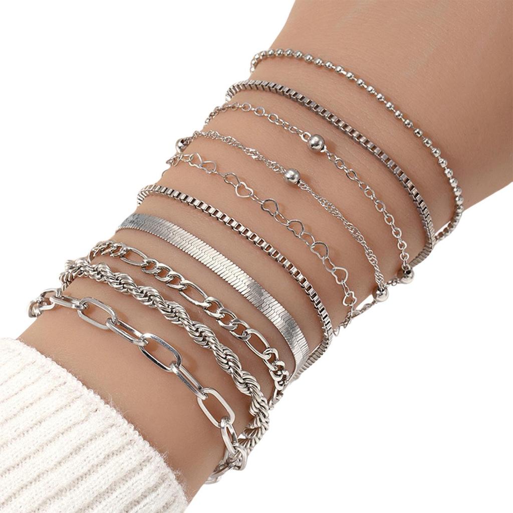 Minimalist Women's Multilayer Alloy Bracelet Set - 10-Piece Cuban Chain Style.