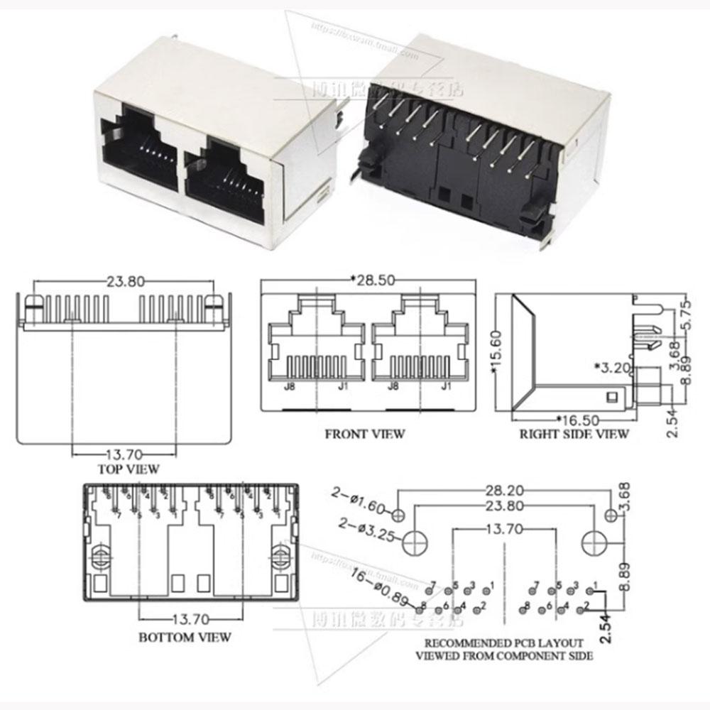1-10Pcs 1*2 RJ45 Metal 16P 16Pin Female PCB Right Angle Board Jack Connector 8P8C Crystal Head Socket 1x2 21mm Network Interface
