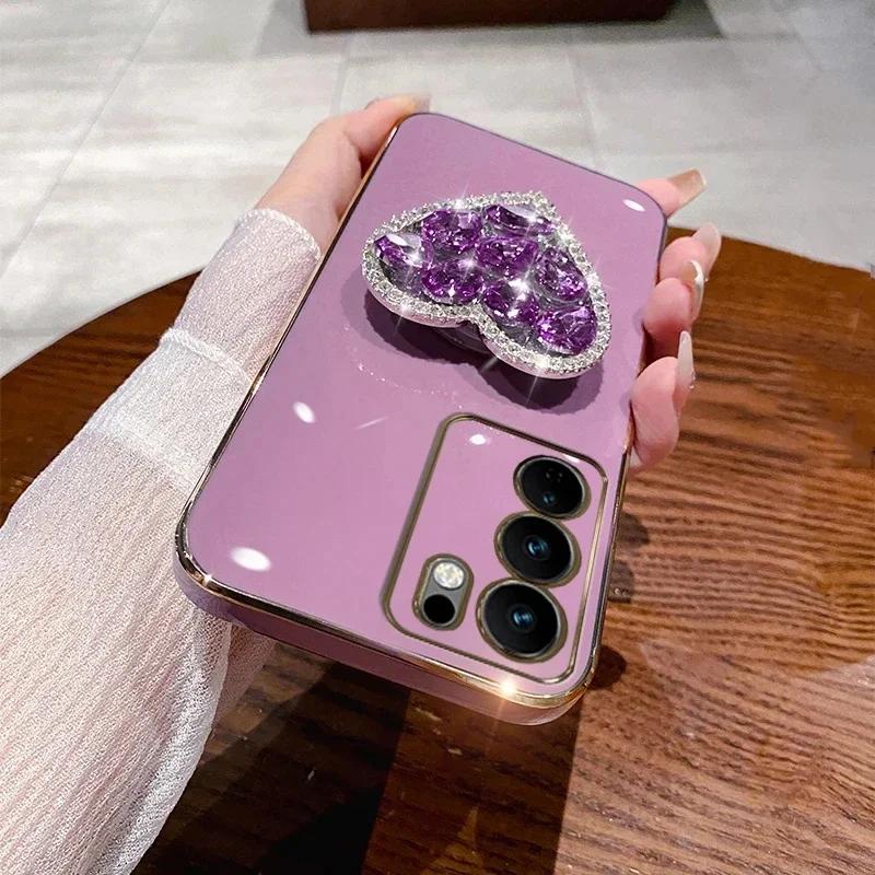 

Fashion Diamond Heart Case For Motorola MOTO Edge 50 Edge50 Fusion Pro S50 Neo MOTOG G Play Stylus Plating Bracket Cover Caqa Edge 50 Pro&Bracket Cover фіолетовий