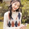 Sleeveless Pullover England Vintage Geometric Rhombic V Neck Knitted Sweater Vest Knitwear Lady Waistcoat Tops Women