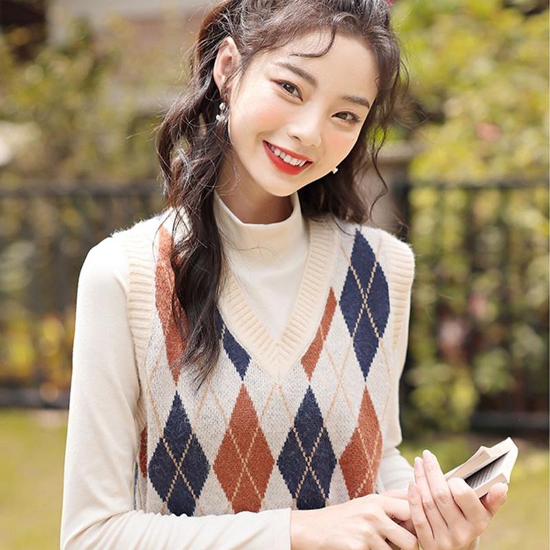 Sleeveless Pullover England Vintage Geometric Rhombic V Neck Knitted Sweater Vest Knitwear Lady Waistcoat Tops Women