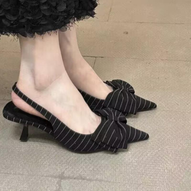 

Модные сандалии Baotou Летний новый стиль Острый носок Мелкий вырез Бант-бабочка Полоска Комплект на ногу Нескользящие Туфли на низком каблуке 42 белый