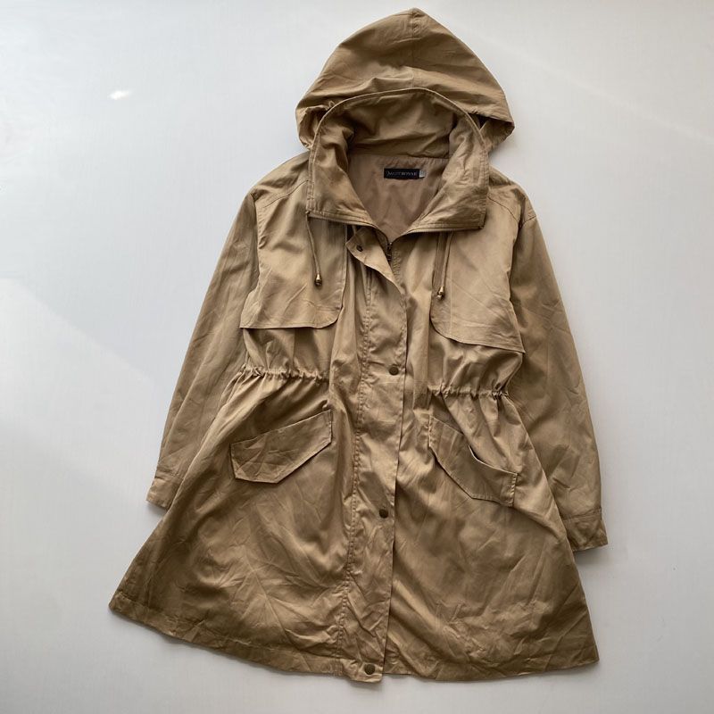 

Дышащий осенний тонкий женский плащ-худи средней длины и удлиненного кроя из чистого хлопка, свободный повседневный большого размера Khaki L