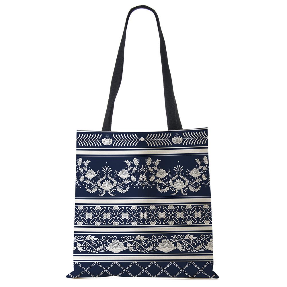 Elegant Lady Girls Handbag Floral Porcelain Geometry Abstract Pattern Shoulder Bag Casual Teenager Book Tote for Shopping Casually