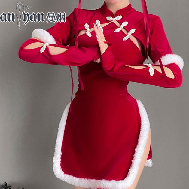 Chinese Style Cheongsam Christmas Cosplay Lingerie Sets Santa Dress Lace Chemises Sleepwear Velvet Nightgowns Porno Bar Uniform