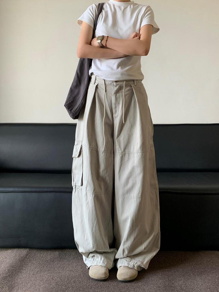 Unisex Summer Retro Wide-Leg Cargo Pants with Drawstring