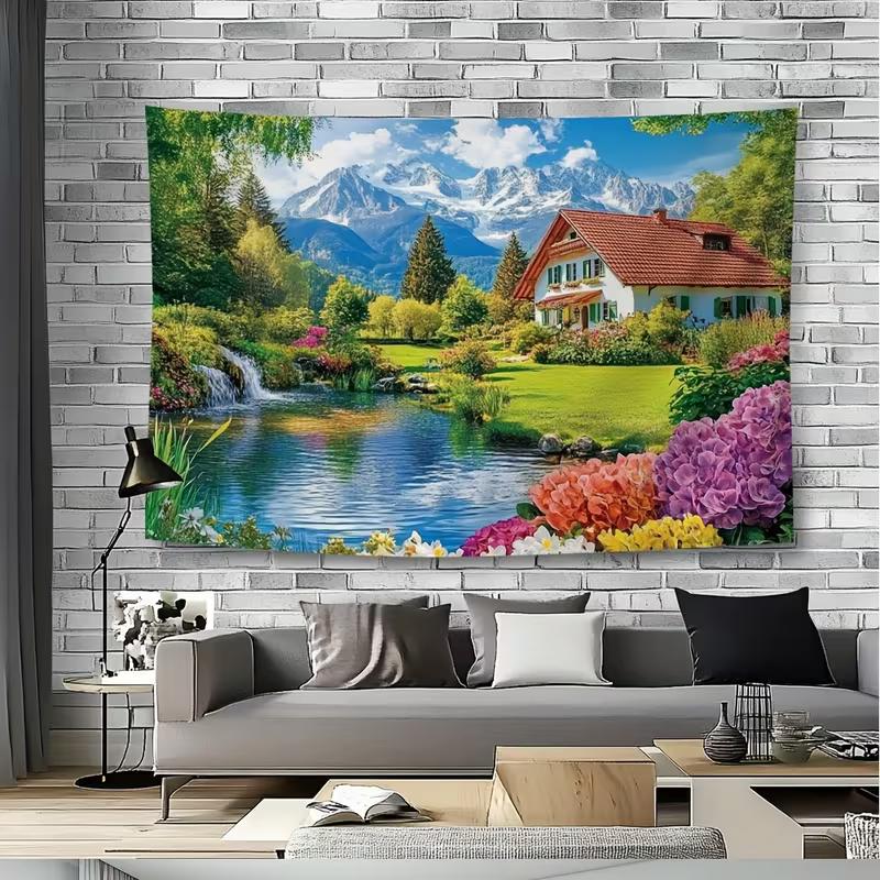 2D Swiss Chalet Scenery Tapestry for Cottagecore Aesthetic Home Decoration