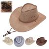 Sun Proof Linen Cap Western Cowboy Hat with Windbreak Rope for Men Wide Brim Fashionable Outdoor Travel Halloween Cosplay Costume Breathable Fedora