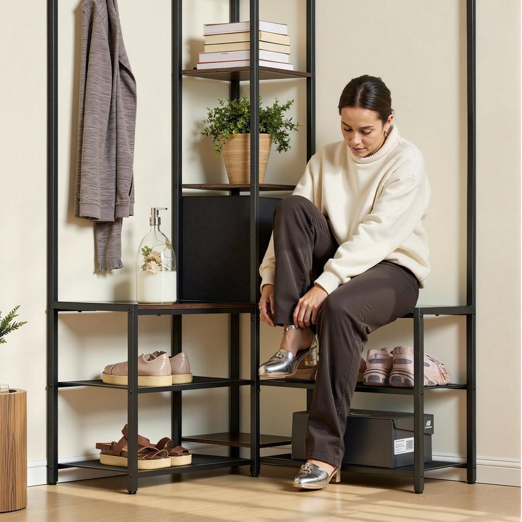 Corner Hall Tree with Shoe Bench, 1800 mm Coat Rack with Hooks and Steel Frame, Freestanding Clothes Shoes Rack Storage Organizer with Anti-Tip Set,