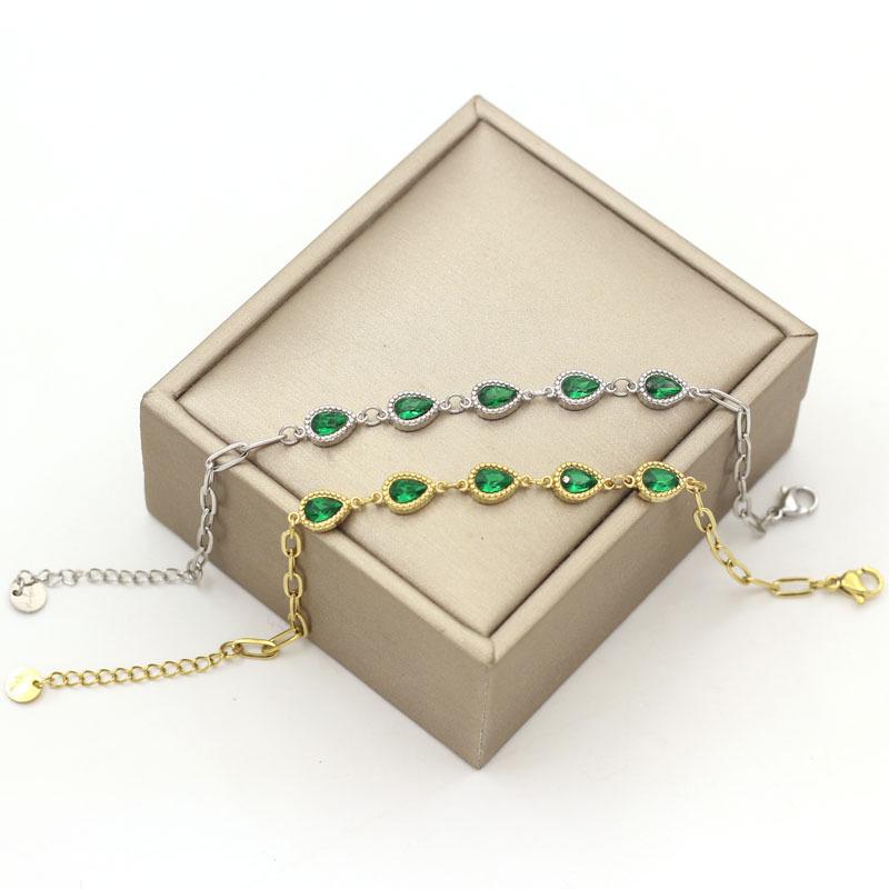 Elegant Gold-Plated Stainless Steel French Bracelet with Green Zirconia