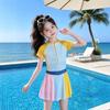 Girls Block One Piece Swimsuit Dress Middle Child Spring Beach Vacation Swimming Suit Set