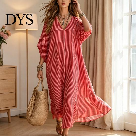 Breathable Beach Dress Women V-Neck Striped Dress, Summer Half Sleeve Casual Ankle Daily Length Loose Swing for Vacation Wear Soft