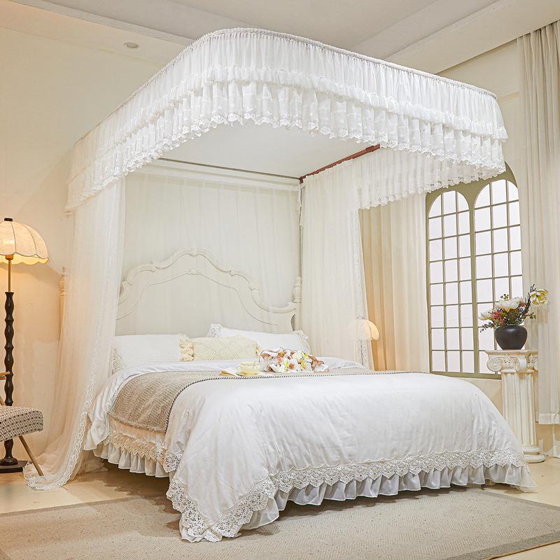 Double-layer Embroidered Lace Floor-length U-shaped Mosquito Net with Track System
