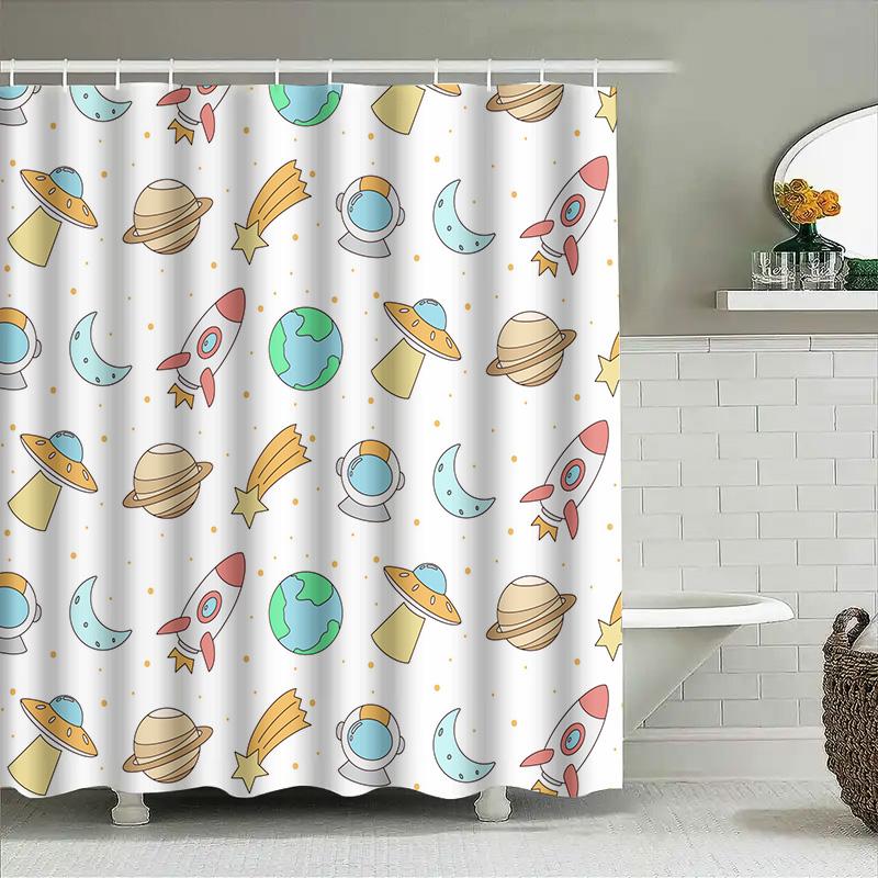 Space Exploration Shower Curtain Cartoon Print Bathroom Decor Set Cute Space Ship, Planet Earth Moon Design For Kids
