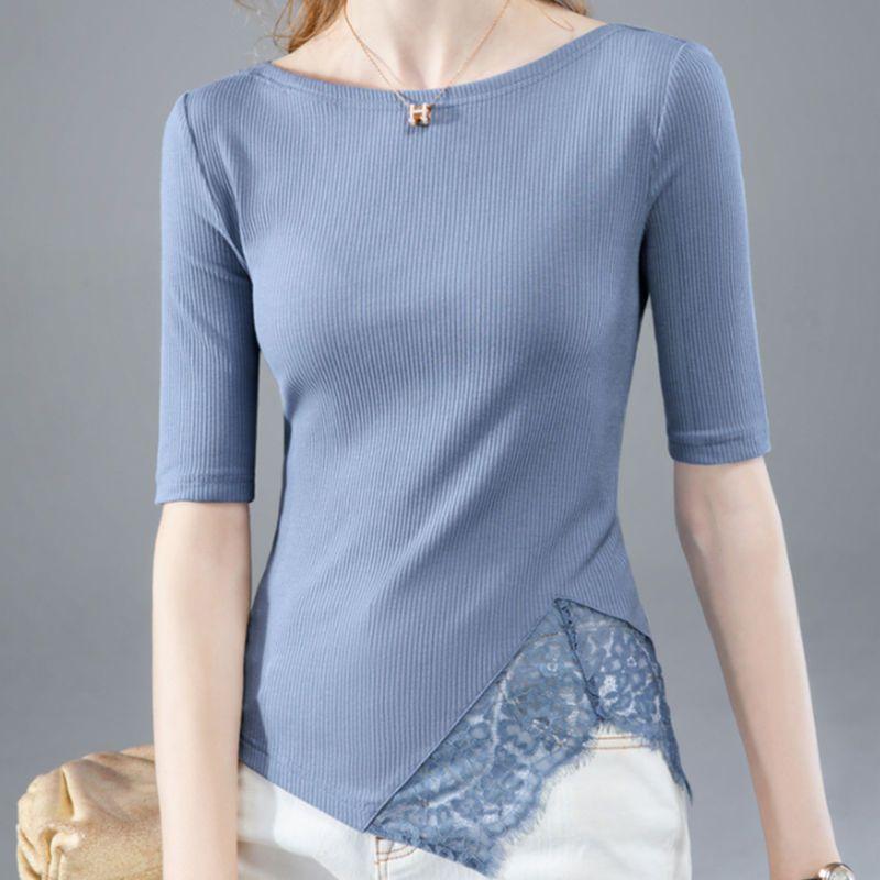 

Темперамент Мода Летние Футболки Женские Однотонные С Открытым Плечом Кружевная Вставка Необычные Элегантные Универсальные Приталенные Топы с Полурукавом S синий