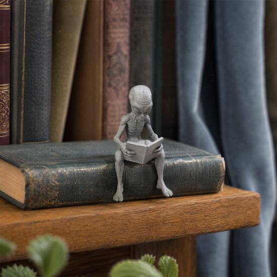 yangyizhi 3D Printed Reading Alien Ornament, Creative Sitting Sculpture, Resin Collectible Figures Desktop Office Study