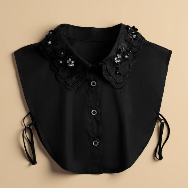Women's Handmade Beads Floral Shirt Detachable Pointed Neck Fake Collar Neckwear Ties Half Shirt Style Cotton Fake Collar