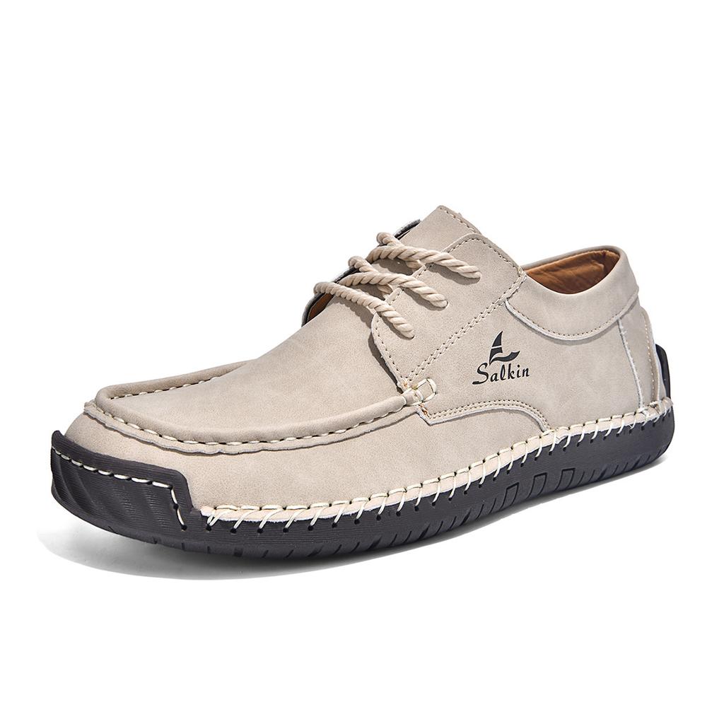 Men's Hand Stitched Casual Leather Shoes Vintage Lace Up Wide Toe Soft Sole Breathable Loafers British Style Driving Shoes